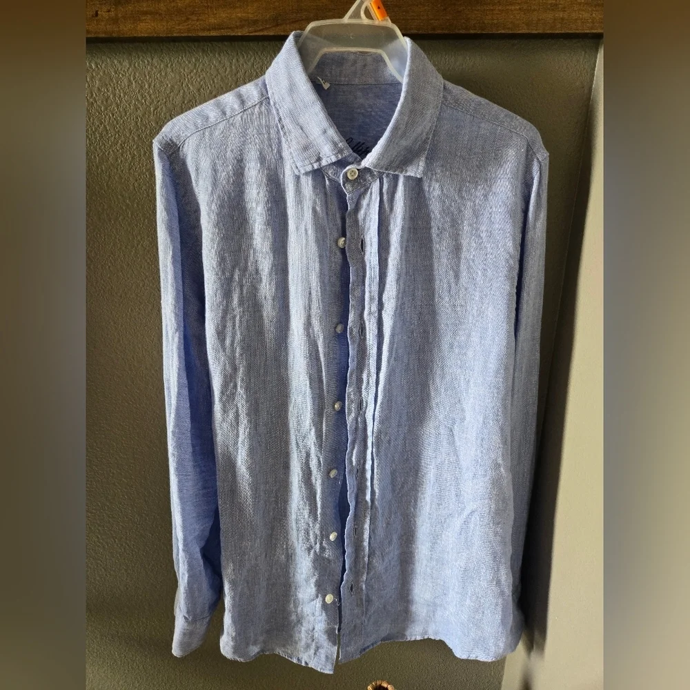100% Italian Linen Youth Boy L 12 Blue Button Up Dress Shirt Natural Preppy Boat